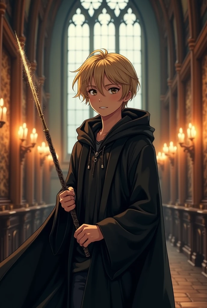 Anime realistic handsome boy wearing a black cloak with blonde hair holding a 10 inch long magic wand in Hogwarts School.