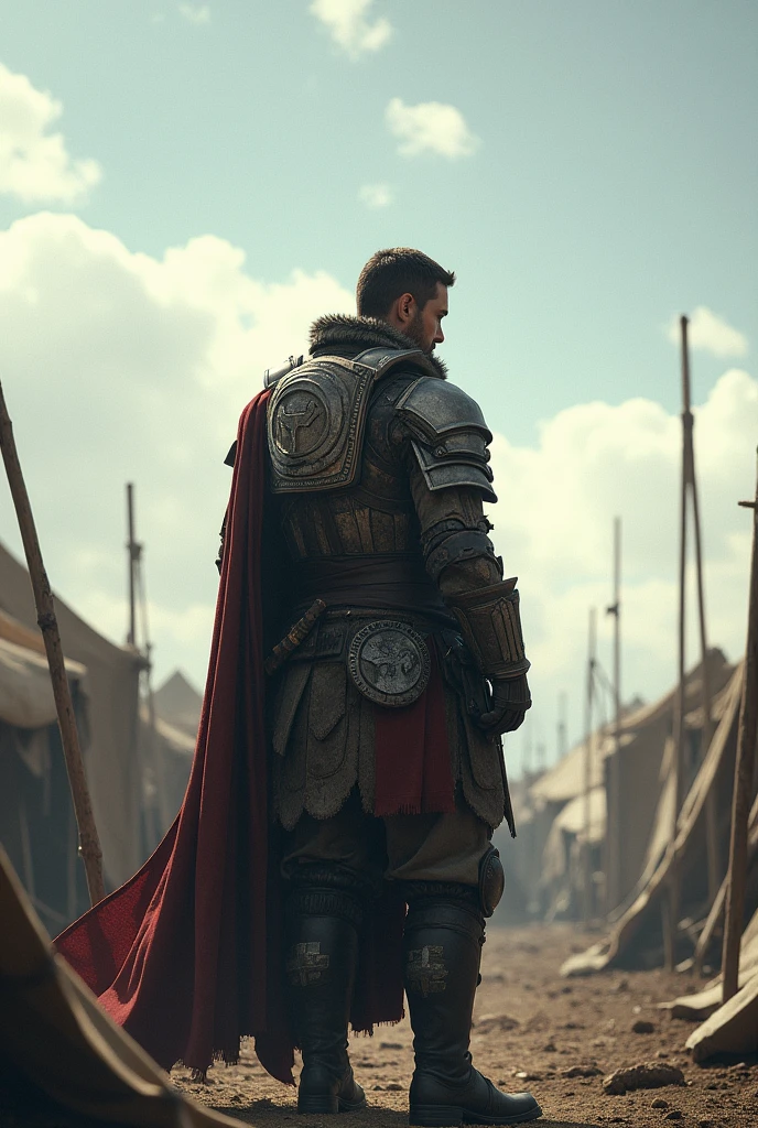 A soldier in armor stands pensive in a camp with the sky in view