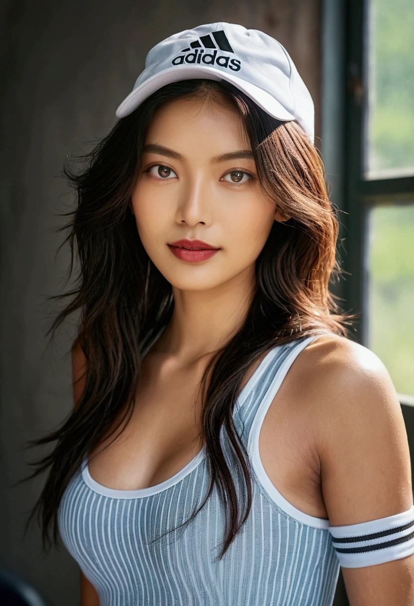 ((NSFW)), 8k, raw photo, Best quality, 超high resolution, photoRealistic, in the countryside, rides a bike, dressed in sportswear, Adidas brand, with a white cap Beautiful, detailed face, detailed, high resolution, Realistic, photorealistic, full body, head to toe, legs, dark skin, pores, wrinkletremely detailed CG unity 8k wallpaper), photo of the most beautiful artwork in the world, majestic professional (photographed: Steve McCurry), 8k uhd, DSLR, soft lighting, High quality, film grain, Fujifilm XT3 sharp focus, f5.6, high details, sharpness, Spectacular, (looking at viewer:1.2), (Natural light),