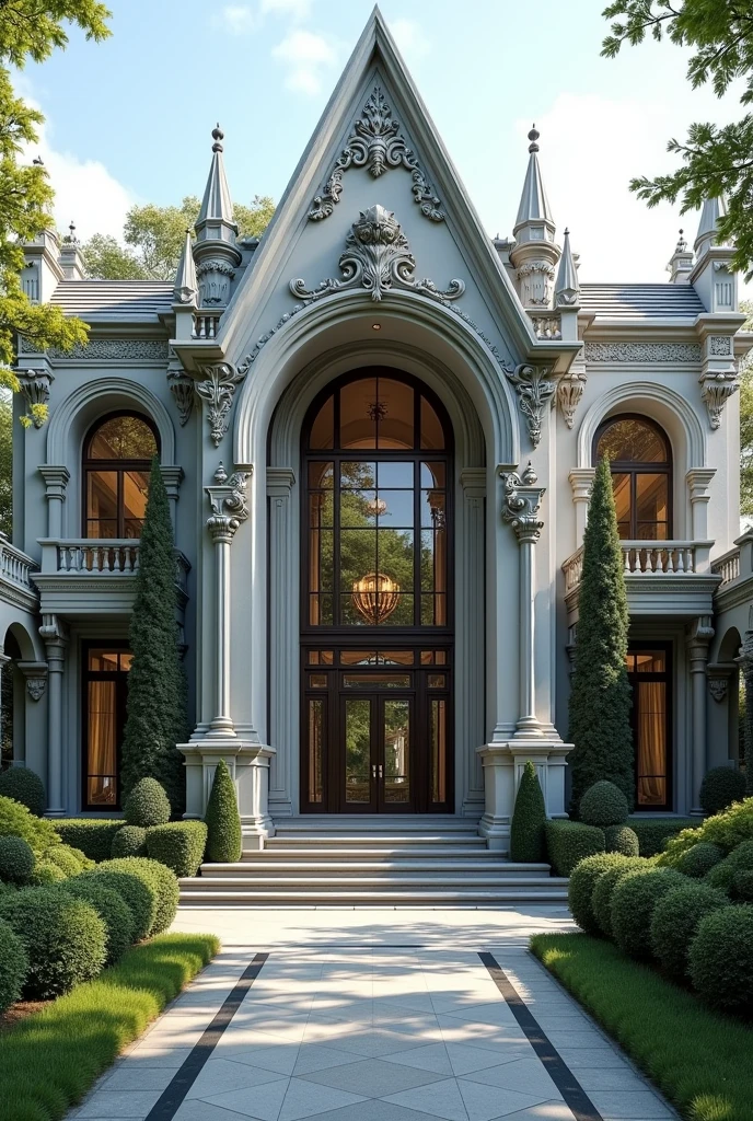 a modern dream house with grand doorway, a pointed arch and has a feature of baroque architecture