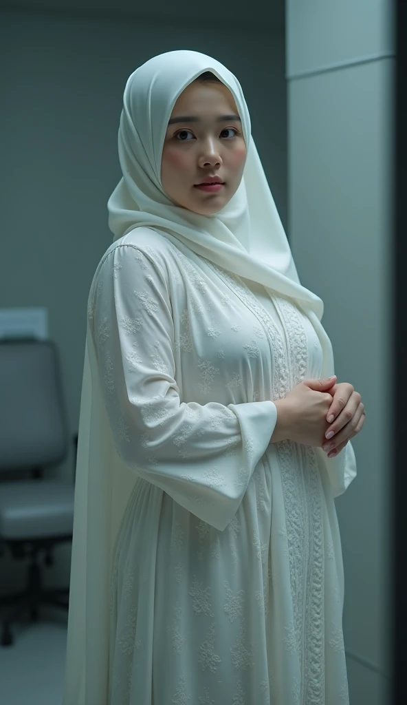 20 years Old, Long hijab Korean mature woman, Big  : 66.9, long white patern gamis, big breast: 1.9, at doctor office, Dim light, at photo studio 