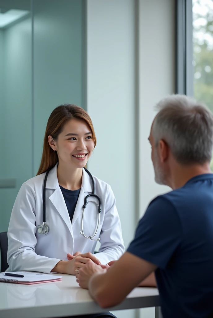 A detailed image of a beautiful female doctor with white skin and light brown hair dressed in a white doctor's coat
sitting sideways at a table with a notebook and a stethoscope around her neck talking to a 40-year-old patient in
a clinic office in navy blue
