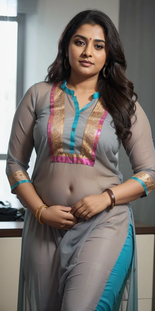 Day scene, A radiant, full-figured South Indian aunty wearing a gray colour chiffon transparent salwar and leggings, standing, in a office, captured in a full-body image with vibrant hues and meticulous details. Full body image