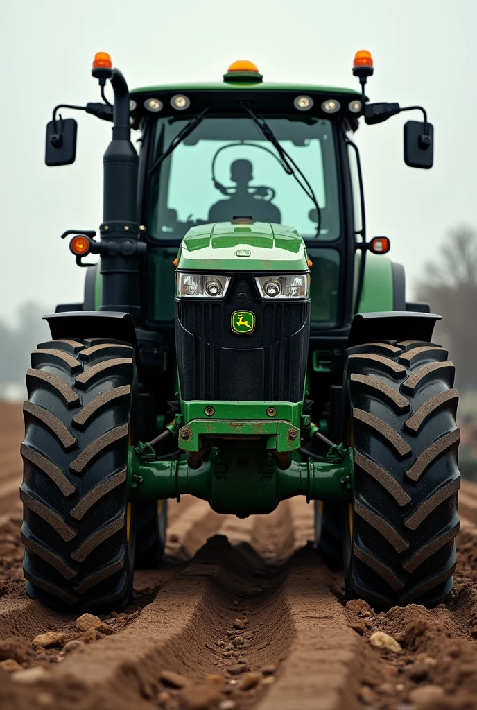 John Deere tractor with black wheels and direct exhaust