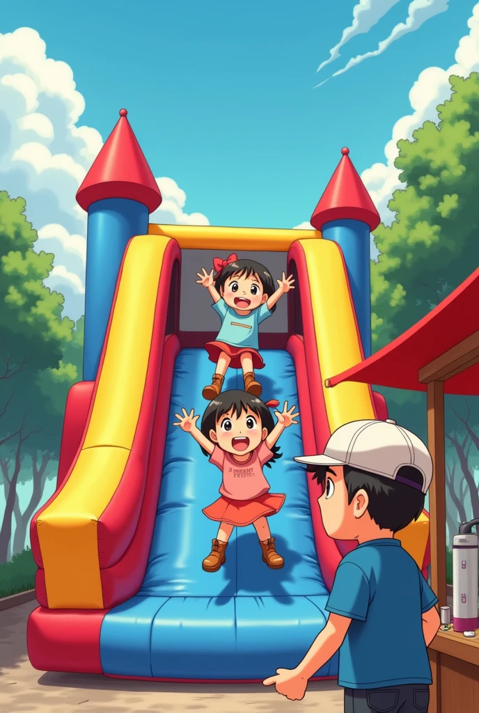 advertising poster showing children playing in their decent clothes on a bounce house with a slide, where everything is very safe for everyone and there is an adult at the ticket office making sure that they have a short beard with a moustache, cap that hides his baldness, glasses, blue t-shirt and boots. It looks like a 2d Japanese anime drawing.