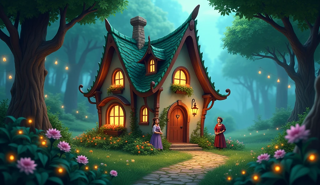 Create a YouTube banner with a magical, fairy-tale theme. In the background, there is a whimsical, enchanted cottage surrounded by lush, green woods. Beside the cottage, place a few iconic movie characters, each from different genres, carefully placed to blend with the magical atmosphere. Scattered around the scene, include small, glowing cartoon fairies that add a sense of wonder and fantasy. In the center of the banner, feature the text "Cottage Story" in large, glowing, elegant font, as if illuminated by fairy lights. Below this, in a smaller, more subtle font, add the text "Tales from the Big Screen" to capture the essence of the channel.