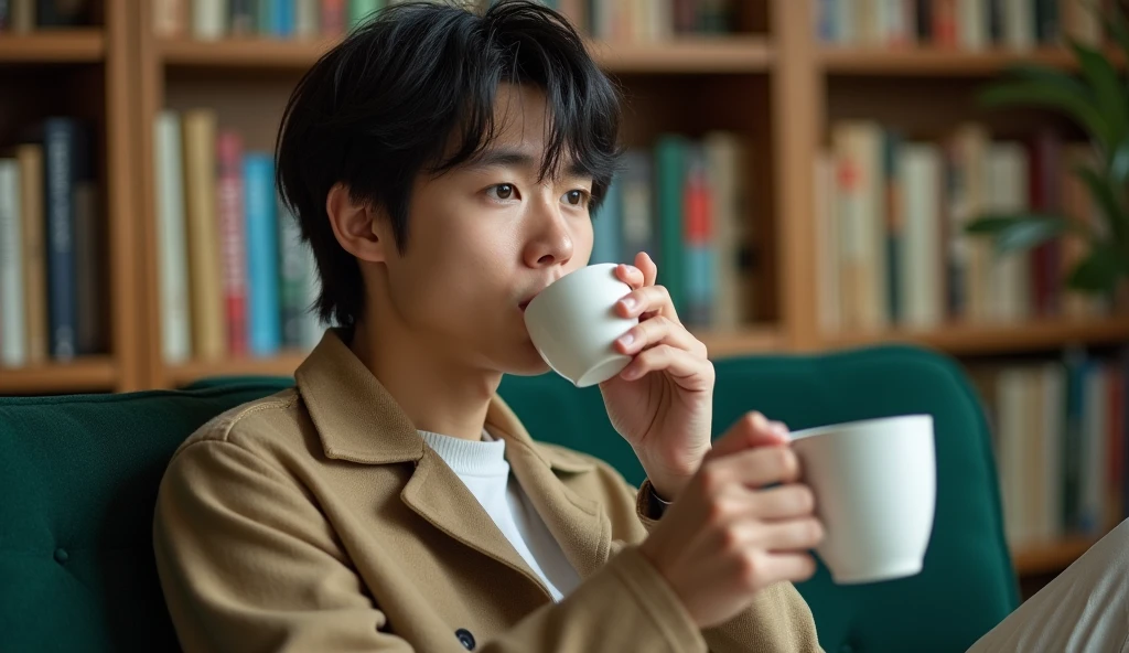 A Japanese male college student wearing fashionable clothes is looking into the distance while drinking tea on a green sofa with a bright expression,Excited, Photo of your face, In a room with bookshelves, with a natural look, With a slightly tired look, tilt your face a little, Diagonal orientation, Average face