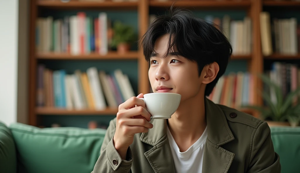A Japanese male college student wearing fashionable clothes is looking into the distance while drinking tea on a green sofa with a bright expression,Excited, Photo of your face, In a room with bookshelves, with a natural look, With a slightly tired look, tilt your face a little, Diagonal orientation, Average face
