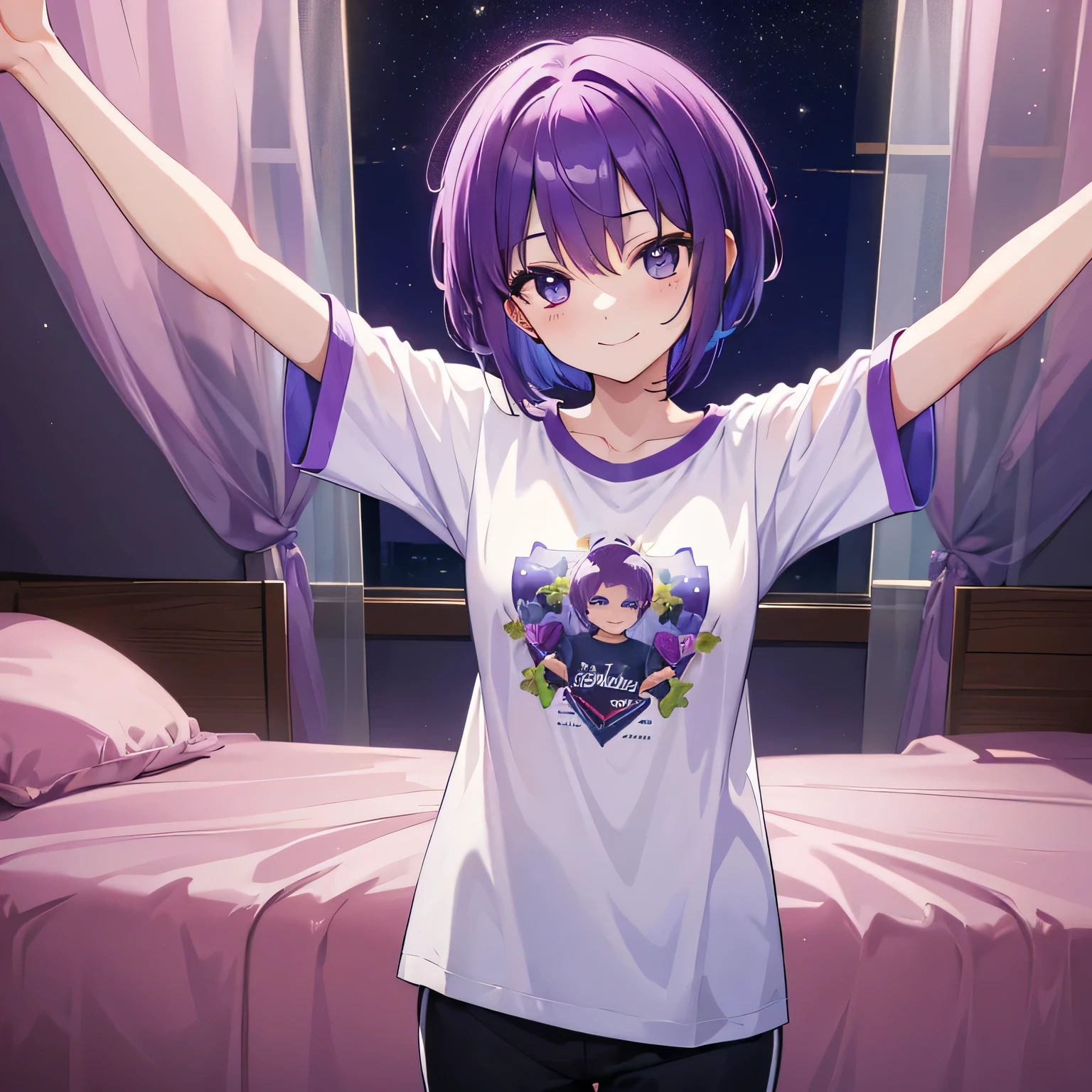 (T Masterpiece,4K wallpaper,Best Quality))、((1people))、(solo)、Bright and Brilliant,(Purple Hair)、(short hair:1.3)、smile、Bedroom、T-Shirts、night