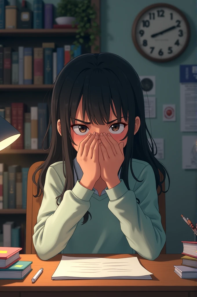 A girl is sitting at her study table. When she gets really angry, she doesn't want to talk, so she is holding her mouth shut to calm herself down.