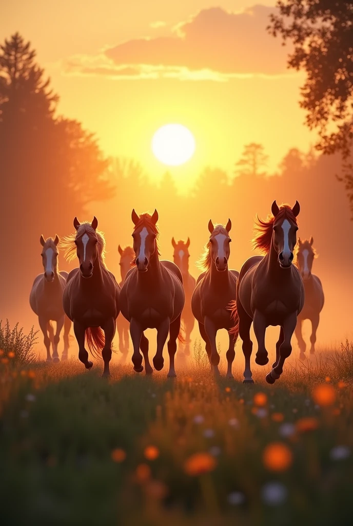 Sun rising, 7 horse running in straight sleeping line
