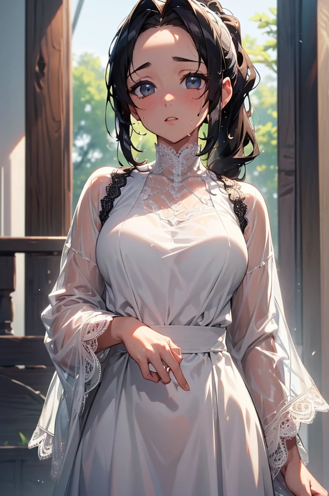 ((((High resolution, Intricate details, masterpiece, 8k, from front)))), (((beautiful, White dress, lace, Sweatをかいている, Wet Skin))), ((One Woman, Expressionless, Red cheeks, slender)), (Black Hair, Beautiful forehead, Long Hair, ponytail, Glowing Skin, Sweat), from front, looking at viewer, look at viewer, noon, outside, sunlight, bright