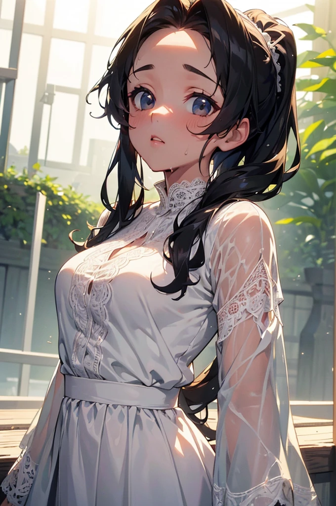((((High resolution, Intricate details, masterpiece, 8k, from front)))), (((beautiful, White dress, lace, Sweatをかいている, Wet Skin))), ((One Woman, Expressionless, Red cheeks, slender)), (Black Hair, Beautiful forehead, Long Hair, ponytail, Glowing Skin, Sweat), from front, looking at viewer, look at viewer, noon, outside, sunlight, bright