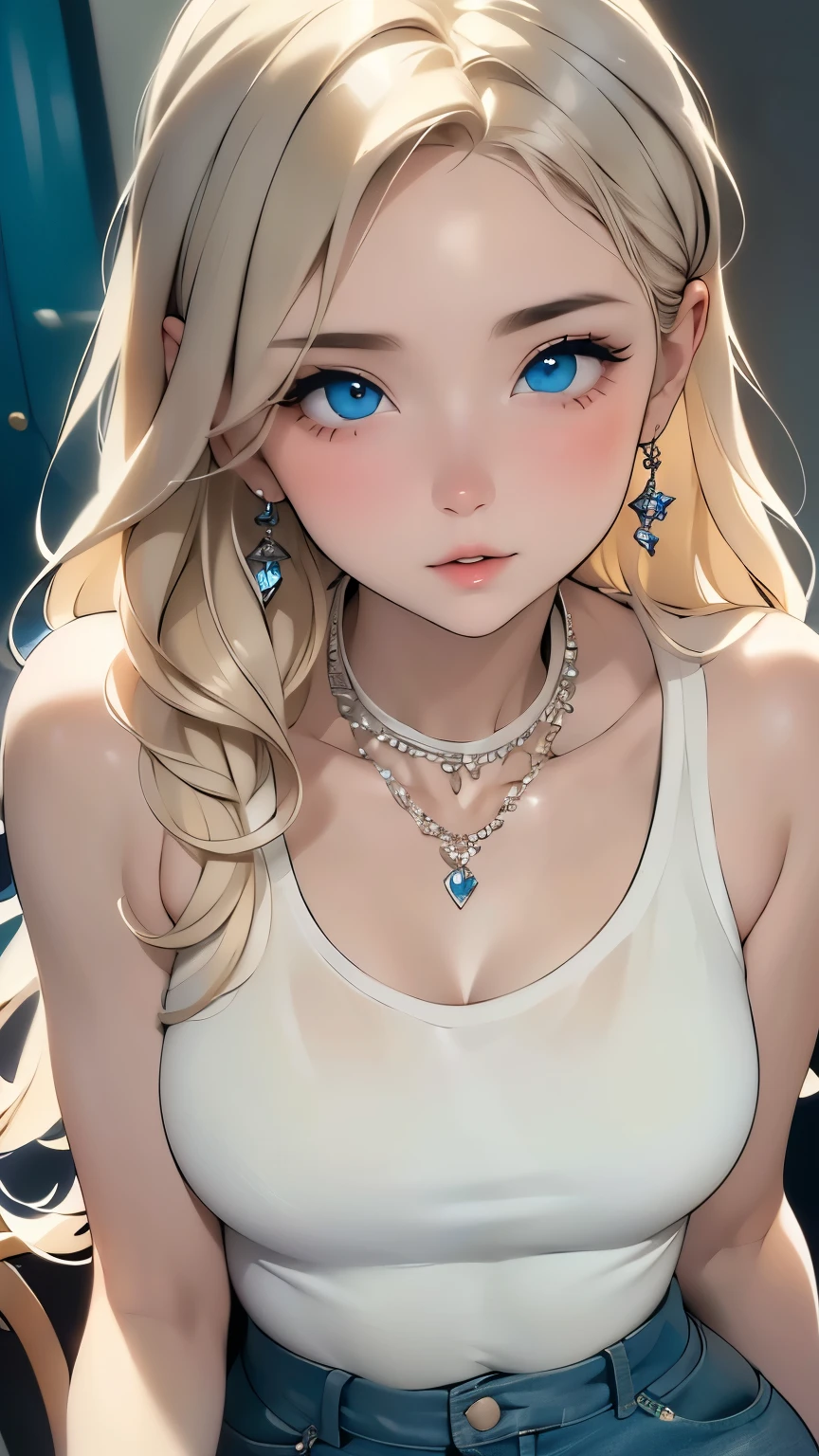 ((super high quality)), ((masterpiece)), gnome girl, Low length, ((Blonde woman, Long Hair)), (Silver earrings), (Silver necklace around the neck), (Beautiful cute face), (Beautiful female lips), charm, ((Sexy look)), Looking into the camera, eyes are slightly closed, (Skin color: white), Body glare, ((Details of her beautiful eyes)), ((Dark blue eyes)), (Juicy female lips), (Beautiful female hands), (slightly plump figure, good), ((Perfect female figure)), Perfect female body, Beautiful waist, Gorgeous Hips, Beautiful small breasts, ((Delicate and beautiful)), A beautiful woman sitting alluringly on a chair (Face close-up), (Wearing black face jeans, white tanktop) background: In the kitchen ((Written boundary depth)), ((High quality and clear images)), (Sharp details), ((Very detailed)), Realistic, Professional photography session, ((Clear focus)), anime