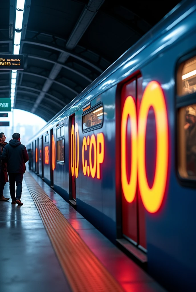 A brand VJR is painted with large size on the side of a metro train with passengers on platform