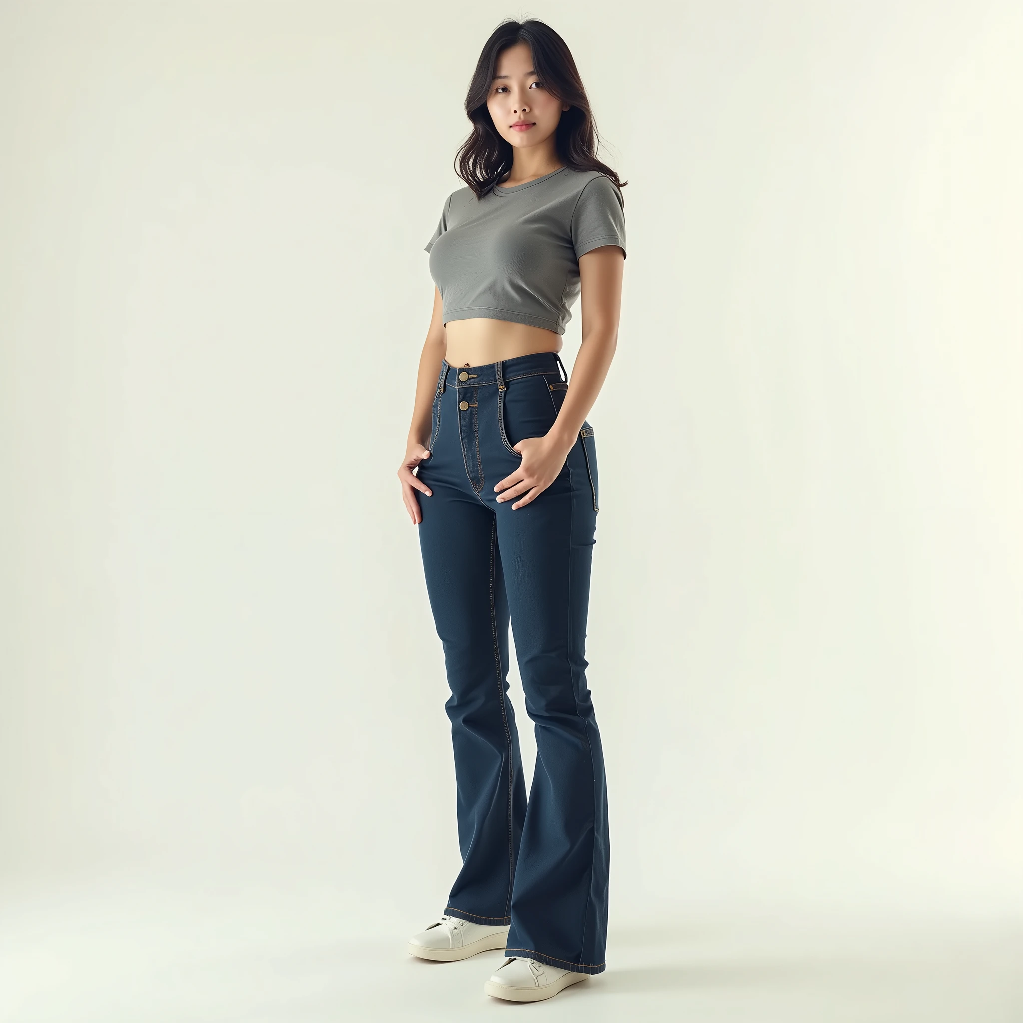 image captured with a Sony α7 III camera, full body shot, an narrow waist, wide hips, and a full bust. The proportions are highly stylized, with a sharp contrast between the tiny waist and the expansive curves of the hips and chest, young Asian woman early 20's, flared jeans in dark Blue color, fitted waist tee in gray color, standing, white shoes, creamy white background.