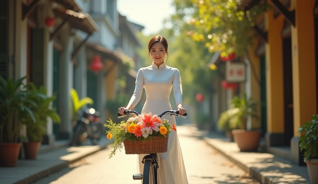 Make a photo of a Vietnamese female model wearing a white Ao Dai. Riding a bike on an old street. 85mm lens. bright. realistic. Focus your eyes well. Full shot. Make a basket and a bouquet of flowers in front of the bike. 