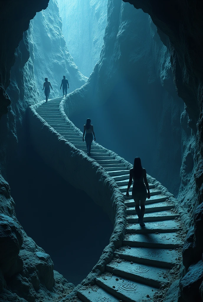 work of art:1.2), (best qualityer:1.2), 8k, HDR, ultra detaild, ((photorrealistic)), professional light, cinematic lighting, fashion shooting, ambient lighting, fund, a well in a huge cave.
The scene shows a giant pit inside a vast, dark cave.. The room is lit only by ancient symbols engraved on the steps of the spiral staircase., that emit a faint blue and purple light.
Cinco personagens estão Climbing the ladder em espiral, with the female translator in last position. The staircase is wide and made of stone, with the steps visibly worn and covered in dust. The lighting of the symbols on the floor creates patterns of blue and purple light that highlight the staircase, but the rest of the cave remains in deep shadow.
The female translator is falling, with a step beneath your feet giving way. She is in a moment of despair, trying to hold on as the step breaks. The rest of the group is ahead, Climbing the ladder, with expressions of concern and tension. The well is wide and its walls are made of irregular stone., projecting a sense of vastness and danger.