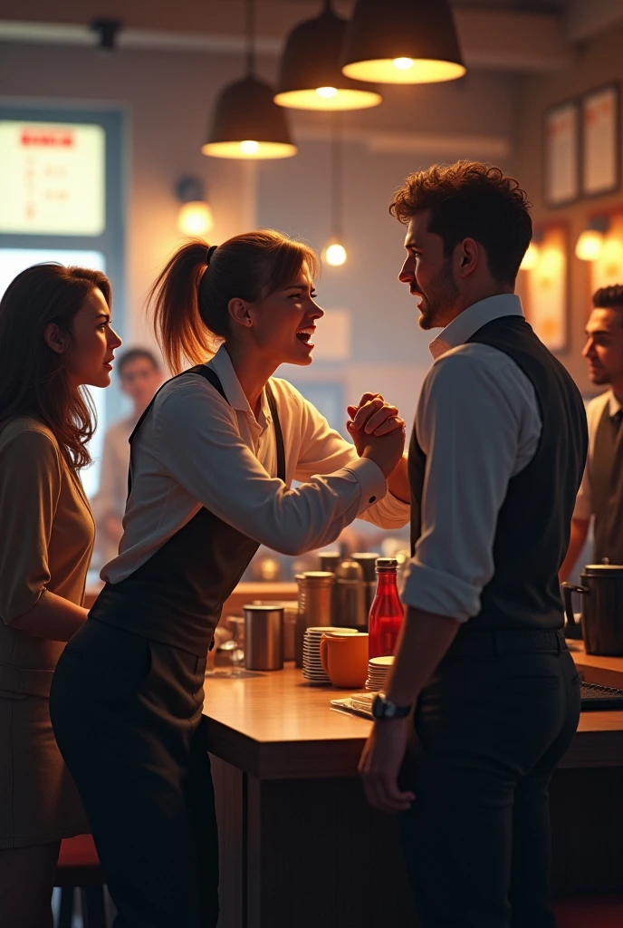 infront there's a custumer complaining angry to a waiter in the back of them there's a cashier and a custumer complaining angry in the cashier staff and beside a custumer complaining to a manager