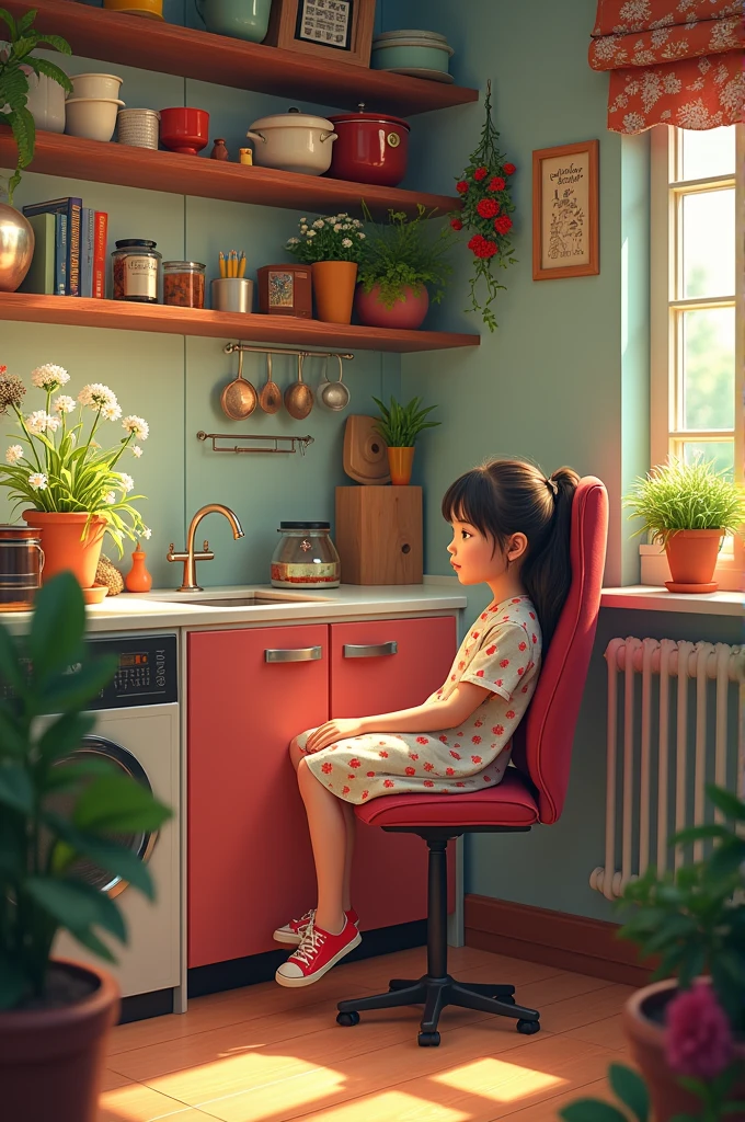 Photo generate details: a girl sitting on her kitchen. Kitchen is full of decor with kitchen product
