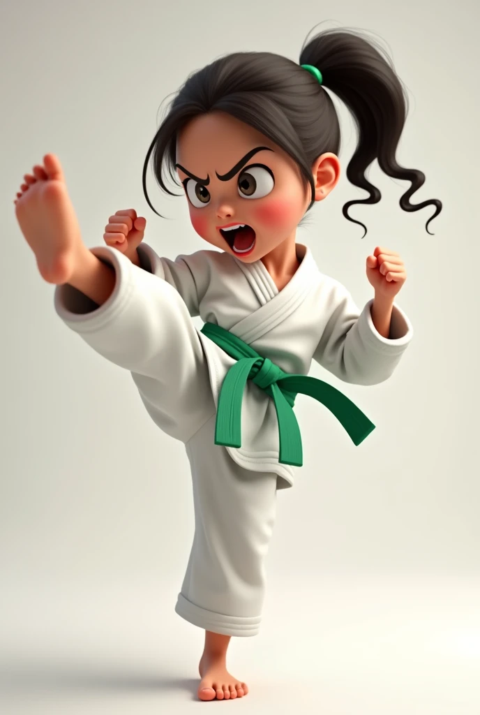 A  green belt white GI girl practicing taekwondo kick. Facing camera, shouting. 4D caricatur, high definition