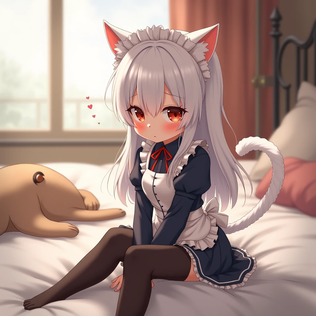 A small housemaid cat girl with long white hair in a short skirt and black stockings sits on a bed in a sexy pose.She is embarrassed and blushing, looking away.