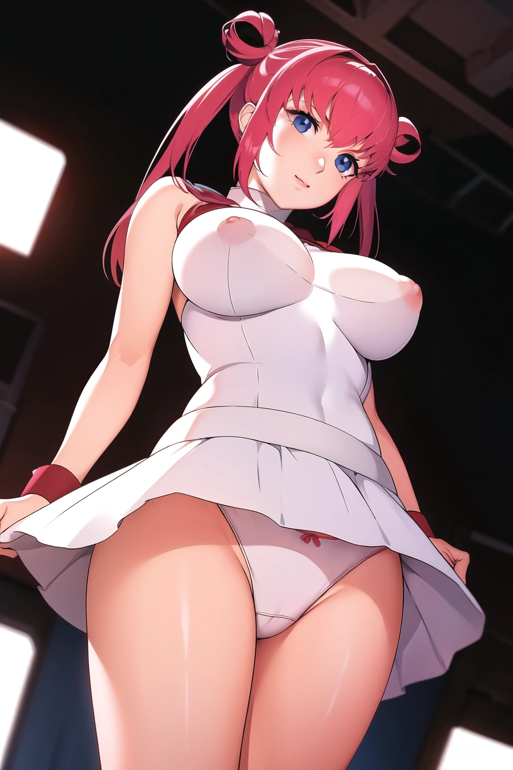 Simple white background,
Red clothes,(army uniform), army ,
Pink Hair, Blue Eyes, bangs,Hair Bun,Twin tails,
1 person,young woman,Beautiful Fingers,Beautiful long legs,Beautiful body,
(narrow_Waist),(white panties),shoot from below,(open thighs),skirt wind, 1girl, sundress, (Haman Karn open thighs),Inside the space base,camel ropes,puffy nipples,