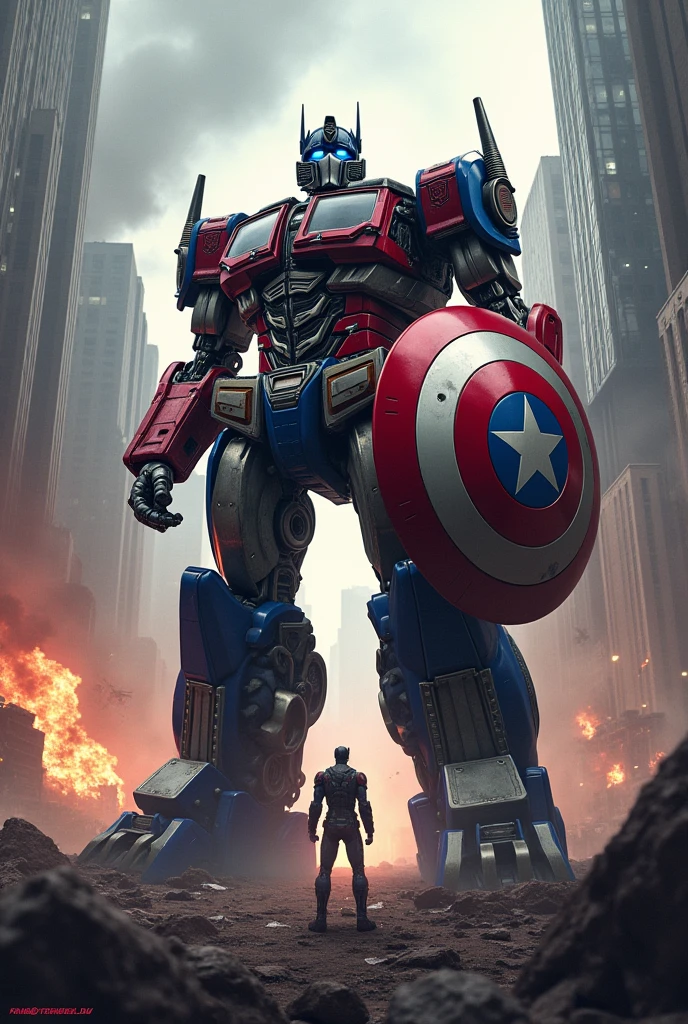 Optimus Prime, Captain America, Transformers, city, end of the world, apocalyptic landscape, detailed mecha, highly detailed characters, striking poses, dramatic lighting, cinematic composition, digital painting, epic scale, hyper-realistic, vivid colors, dramatic shadows, heroic, (best quality,4k,8k,highres,masterpiece:1.2),ultra-detailed,(realistic,photorealistic,photo-realistic:1.37)