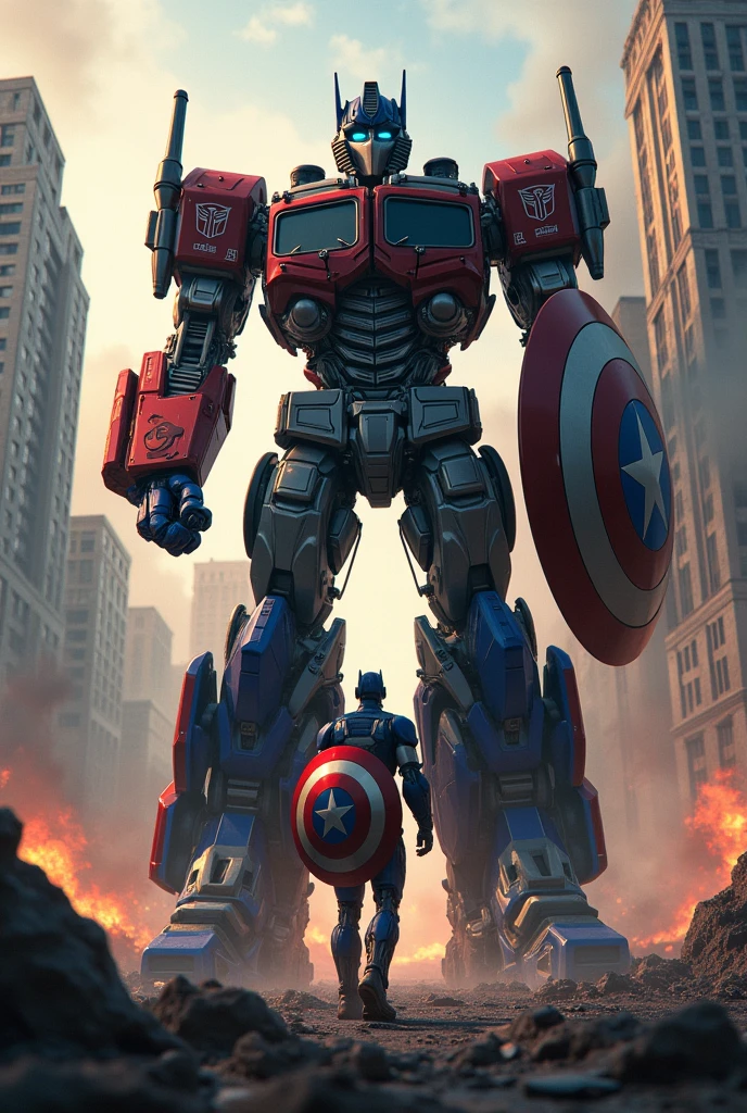 Optimus Prime, Captain America, Transformers, city, end of the world, apocalyptic landscape, detailed mecha, highly detailed characters, striking poses, dramatic lighting, cinematic composition, digital painting, epic scale, hyper-realistic, vivid colors, dramatic shadows, heroic, (best quality,4k,8k,highres,masterpiece:1.2),ultra-detailed,(realistic,photorealistic,photo-realistic:1.37)