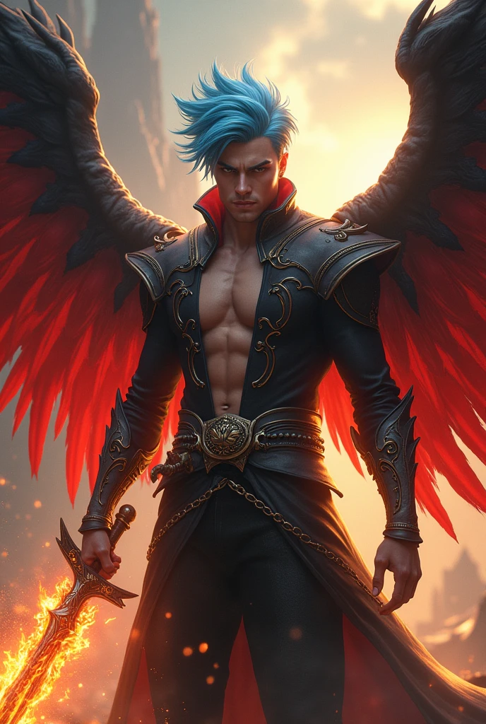 Picture 3B.3B. A man with light blue and black hair, very handsome, cold face, fantasy outfit, red and black winged god, effect on the wings, long hands holding a fire sword, the background is a god.
