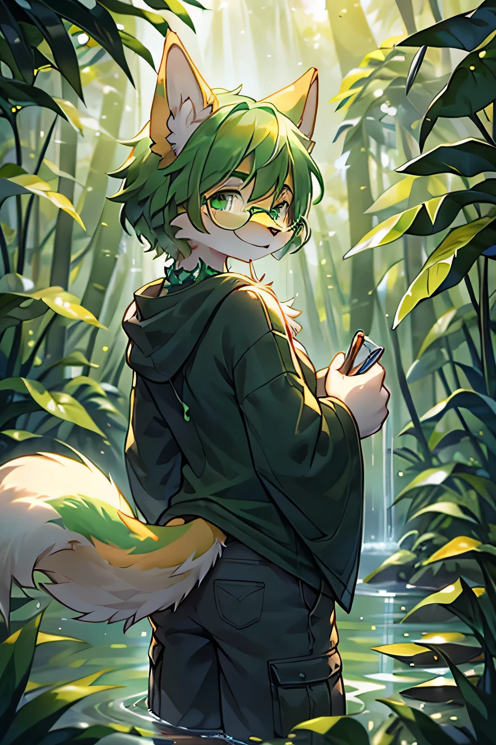 1 Yellow-green wolf boy，Dark green hair，big ear，A green diamond crystal necklace hangs around her neck，Reflective，Star-shaped luster，Morning Sunshine，Tyndall effect，The sun shines through the leaves on my face，hairy，Golden plush glow，Wearing black W-shaped glasses，Holding a dogtail grass in his mouth，A notepad and pen hanging around the waist，Dark green cargo shorts，white big paw，Large, fluffy tail，Standing upright，look back，Akimbo，Smile，Has emerald green pupils and whites，The facial features are in the right position。Rainforest，Green ambient color，The border with blue，Strong light and shadow，Shade Edge，In the meadow，Fruit trees，Banana leaves，Banana Tree，orange，tangerine，On the transparent stream。full-body shot，nearl。