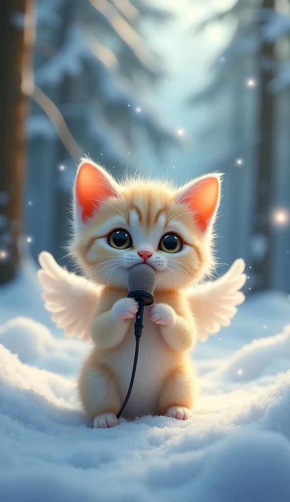 Sing with a microphone。
Big cute eyes, human expression。A small kitten with a head slightly larger than its body。
Angel's wing。An angel-like figure with a snow-covered forest as a background。
Overall, the cats are small.、More backgrounds。