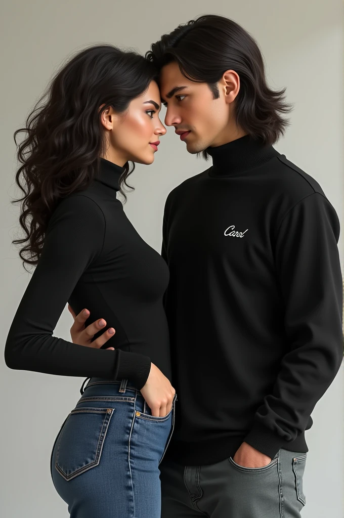 Character couple black turtleneck shirt with white name on the man's Biel on Carol's the black female character with curly hair jeans the male character with long hair white green eyes