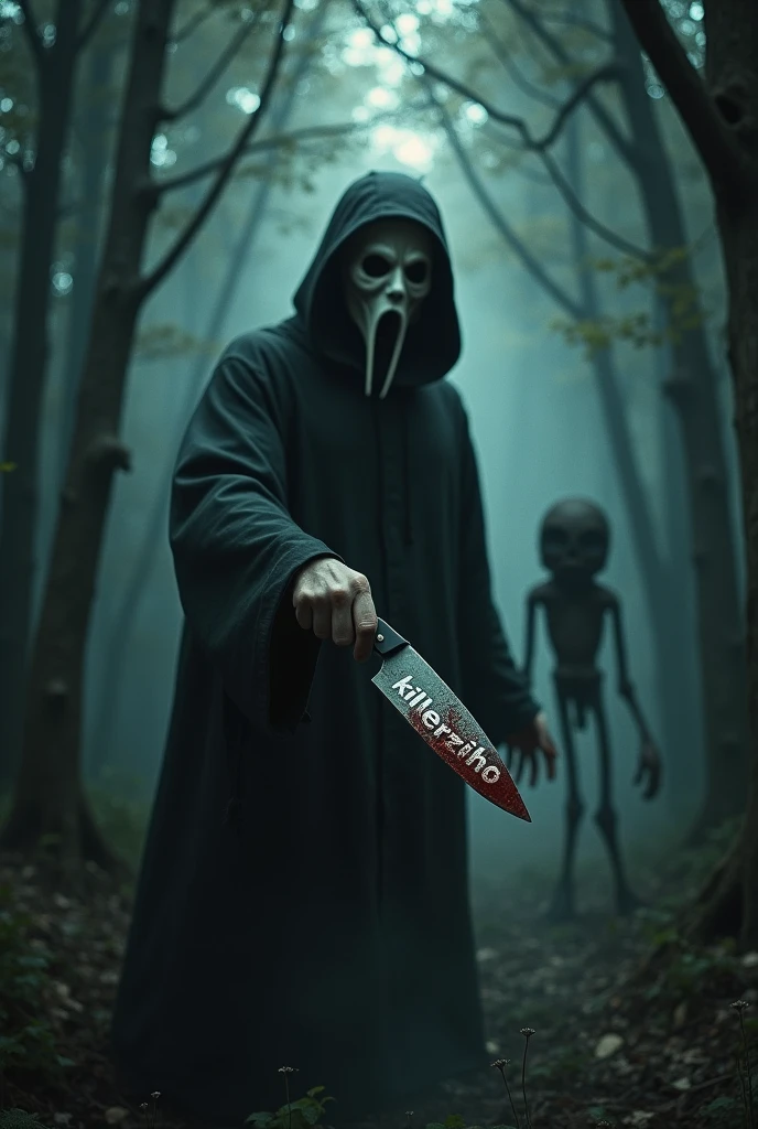 make an image of a dark forest with a man with a gostface mask and a mysterious hand in front of the image holding a knife with the words killerzinho written on it, just one holding the knife and put blood on the knife but not so much and a more terrifying creature behind it