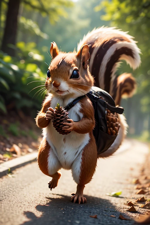A little squirrel carried home with a pinecone with a cheerful expression,