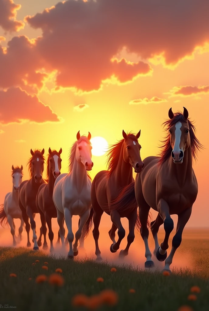 Sun rising, 7 horse running in straight line