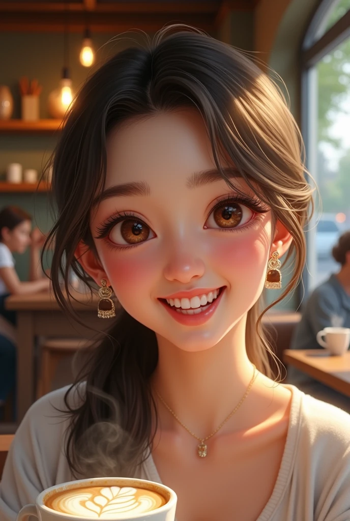 A smiling young woman&#39;s face in a cafe