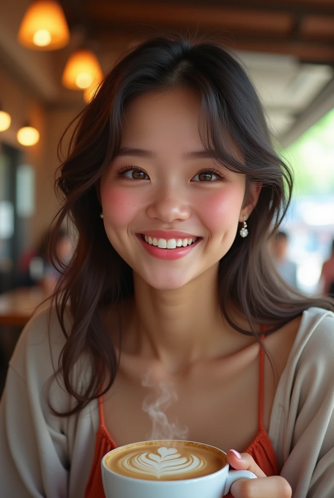 A smiling young woman's face in a cafe