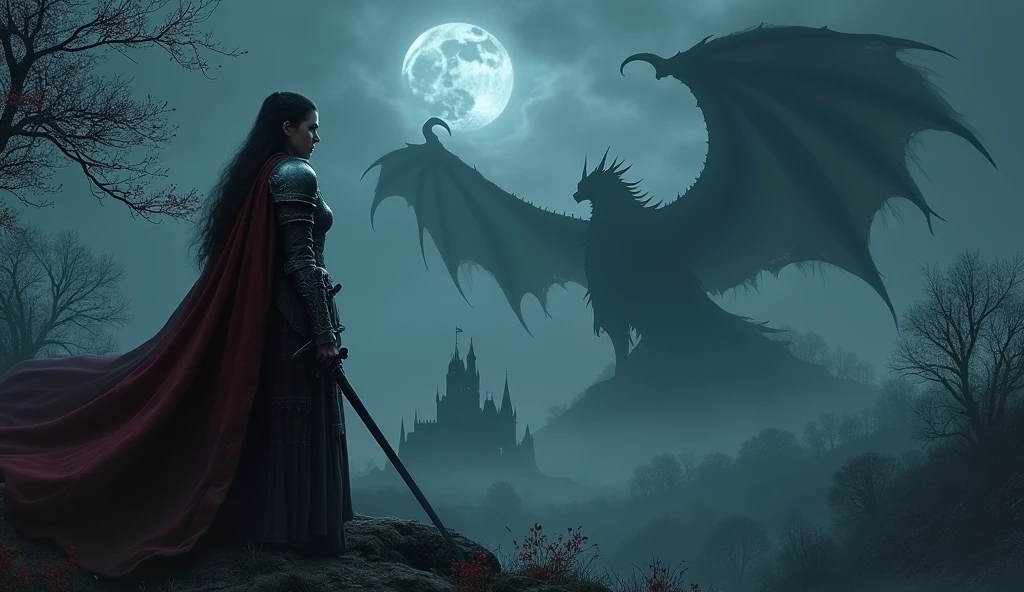 Dark atmosphere, distant view from left behind, moon light, woman wearing armor, holding a sword, gothic medieval castle on the ritht, epic gigantic shadow of dragon behind the castle, dark fantasy art, epic landscape, master piece, highly detailed,