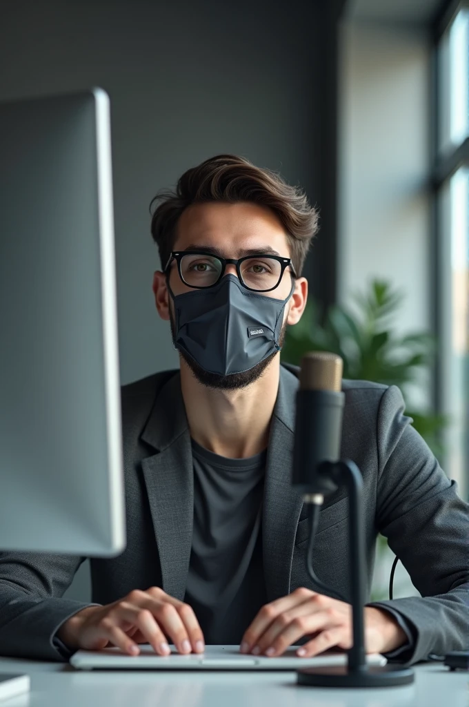 Image of a young man wearing sunglasses and a mask sitting at a desk and talking into a microphone