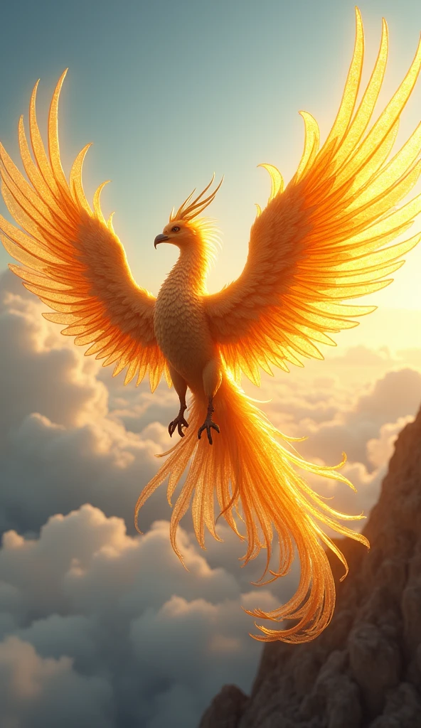 best quality, high quality, ultra quality, 8k, masterpiece, detailed, extremely detailed, insanely detailed, ultra detailed, ultra highres ,exquisite,lifelike Images,cinematic experience,UHD picture,Realistic,photorealistic,hyperrealistic,vivid,RAW photo,shot by DSLR,(Phoenix,Golden Shine),Very large,Flying in the sky