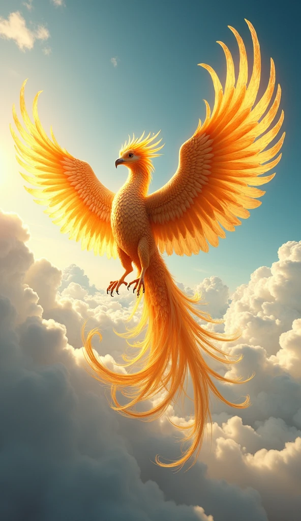 best quality, high quality, ultra quality, 8k, masterpiece, detailed, extremely detailed, insanely detailed, ultra detailed, ultra highres ,exquisite,lifelike Images,cinematic experience,UHD picture,Realistic,photorealistic,hyperrealistic,vivid,RAW photo,shot by DSLR,(Phoenix,Golden Shine),Very large,Flying in the sky