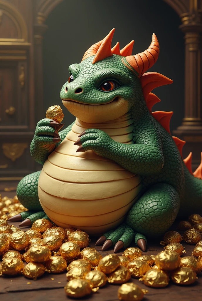 Caption: “When you promise to go on a diet but find out the treasure is chocolate coins.”
Image: A chubby dragon sitting on a hoard of treasure, surrounded by chocolate coins and gold wrappers, looking guilty while munching on one.