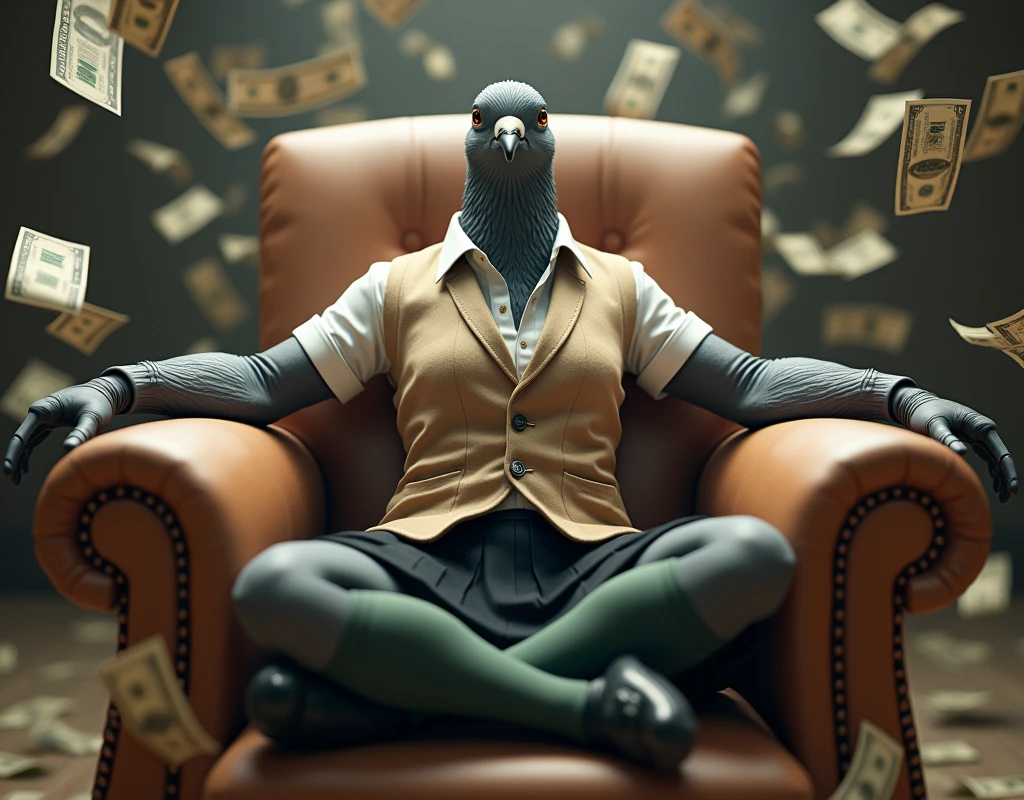 ((Highest quality)), ((masterpiece)), (detailed), (front), (Short sleeve),A gray female pigeon with her mouth open is wearing an off-white collared short-sleeved shirt, a light brown vest, a knee-length black skirt, dark green socks and black shoes.、He is sitting cross-legged in a plush chair with his arms outstretched、Surrounded by a lot of money, bills flying around、Muscular grey female pigeon、Photorealistic images。