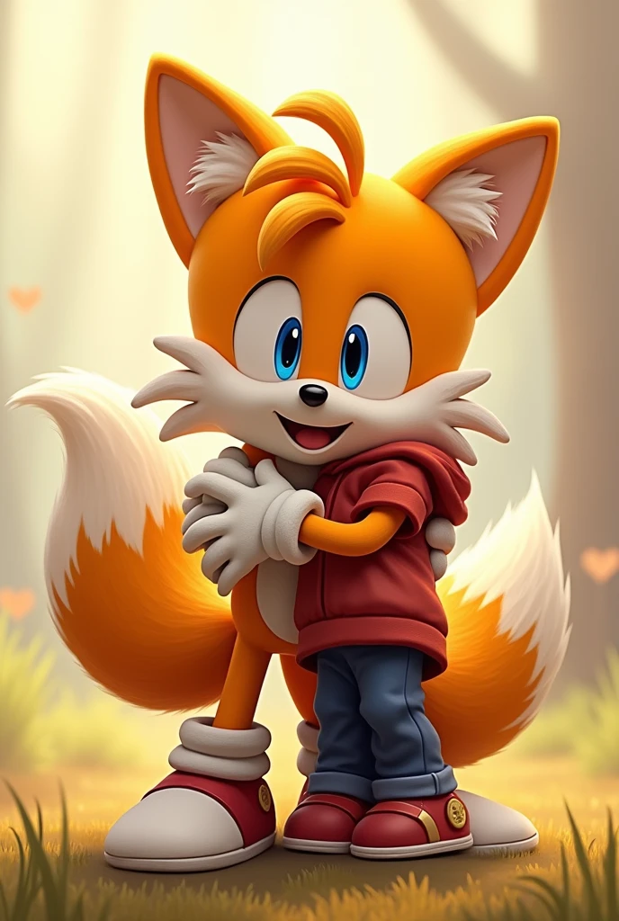 Tails hugging a with his shoes and gloves on