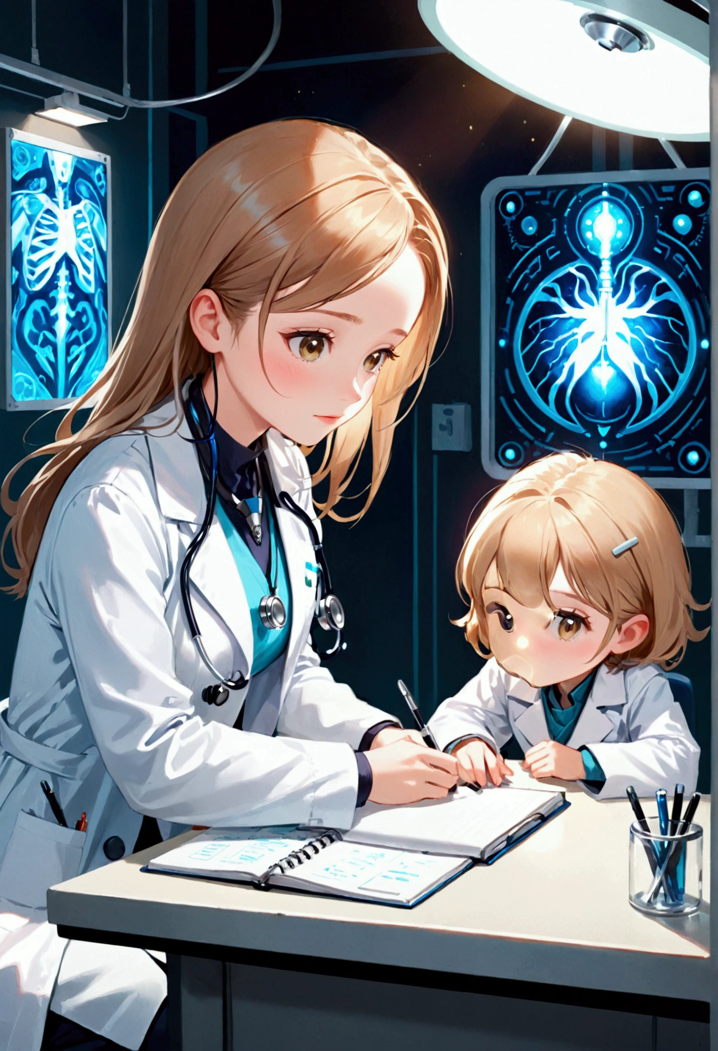 A detailed image of a beautiful female doctor with white skin and light brown hair dressed in a white doctor's coat 
sitting sideways at a table with a notebook and a stethoscope around her neck talking to a 40-year-old patient in 
a clinic office in navy blue