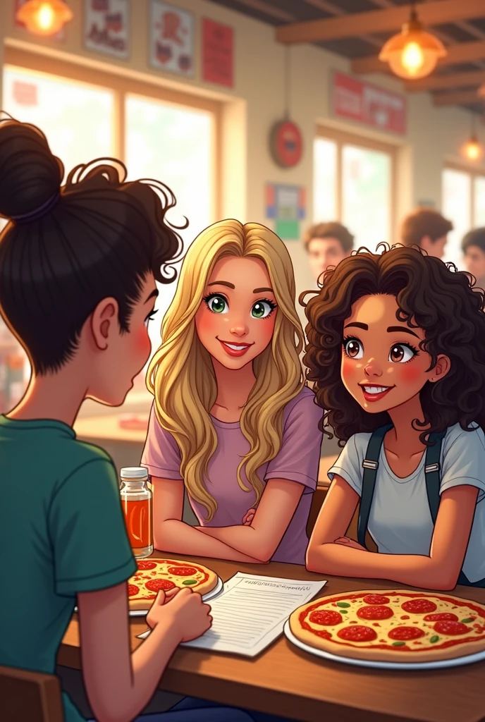 Drawing of a teenage girl with short, curly hair and a teenage girl with long, curly hair interviewing a blonde adult woman in a pizzeria.