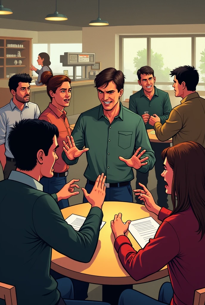 infront there's a custumer sitting complaining angry to a waiter in the back of them there's a cashier and a custumer complaining angry in the cashier staff and beside a custumer complaining to a manager
