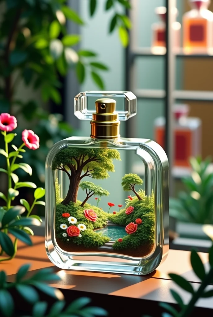 Image 85 K lus and clear environment of a transparent perfume bottle and inside it a botanical garden with many flowers and trees representing a flowering forest this perfume bottle has a lid with gold details in the background of the image is a window of a store with several perfumes in a busy shopping mall 