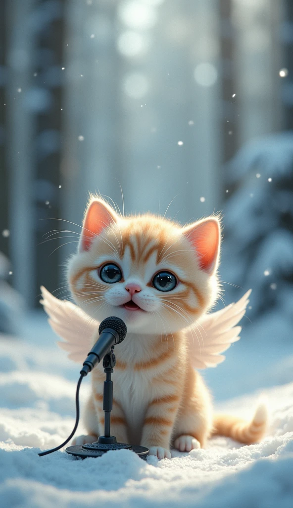 Sing with a microphone。
Big cute eyes, human expression。A small kitten with a head slightly larger than its body。
Angel's wing。An angel-like figure with a snow-covered forest as a background。
Overall, the cats are small.、More backgrounds。